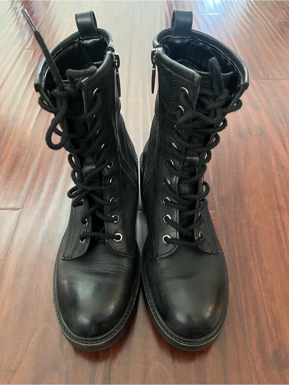 ALDO Genuine Leather Black Lace-Up Combat Military Style Boots with Side Zipper